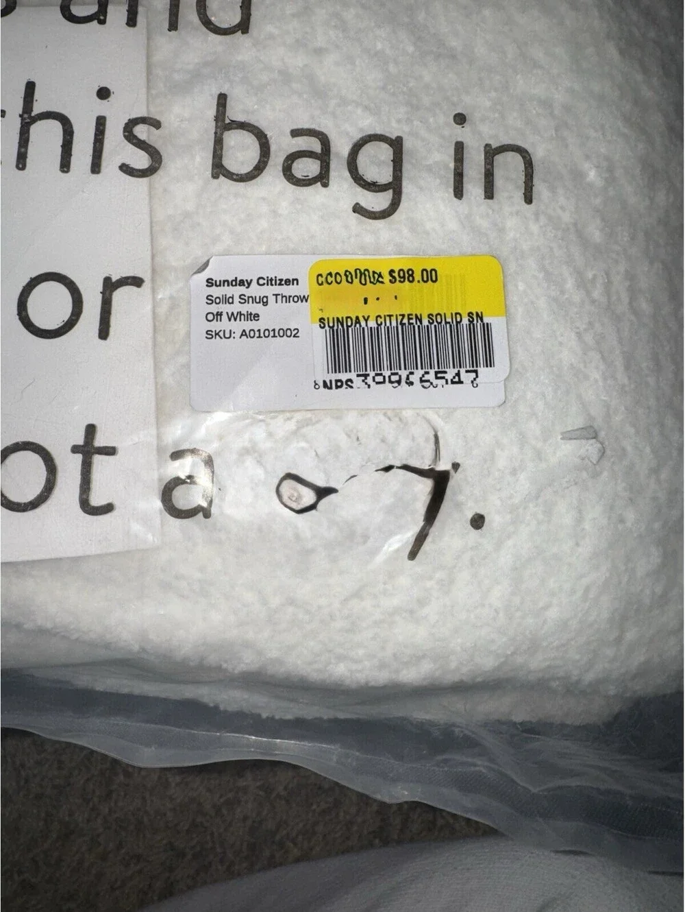 NEW! Sunday Citizen Snug Throw Blanket Off white 75x52” NIP